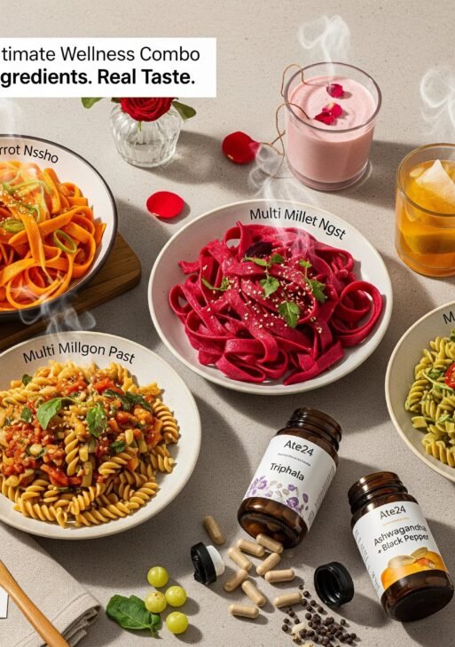 Wholesome Vitality Combo – 2 Noodles (220gx2) + 2 Pasta(220gx2) + 2 Infusions(25dipsx2) + Organic Ashwagandha black pepper (120 caps) + Organic Moringa Capsules(120 caps)